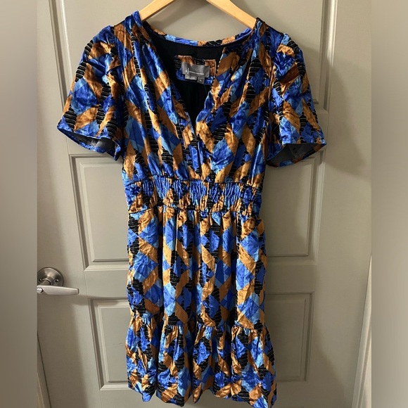 Anthropologie- Geometric Velvet Stylish Blue and Brown Dress - Picture 2 of 7